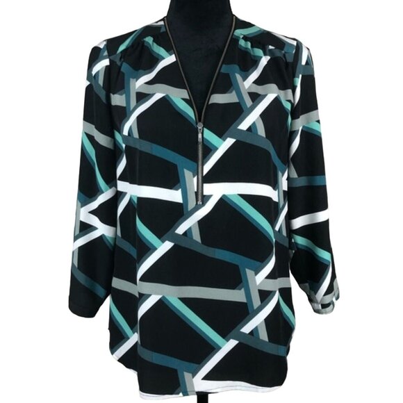 Nordstrom Trouve zip front long sleeved blouse Women's Size Small Geometric Exce - Picture 1 of 6